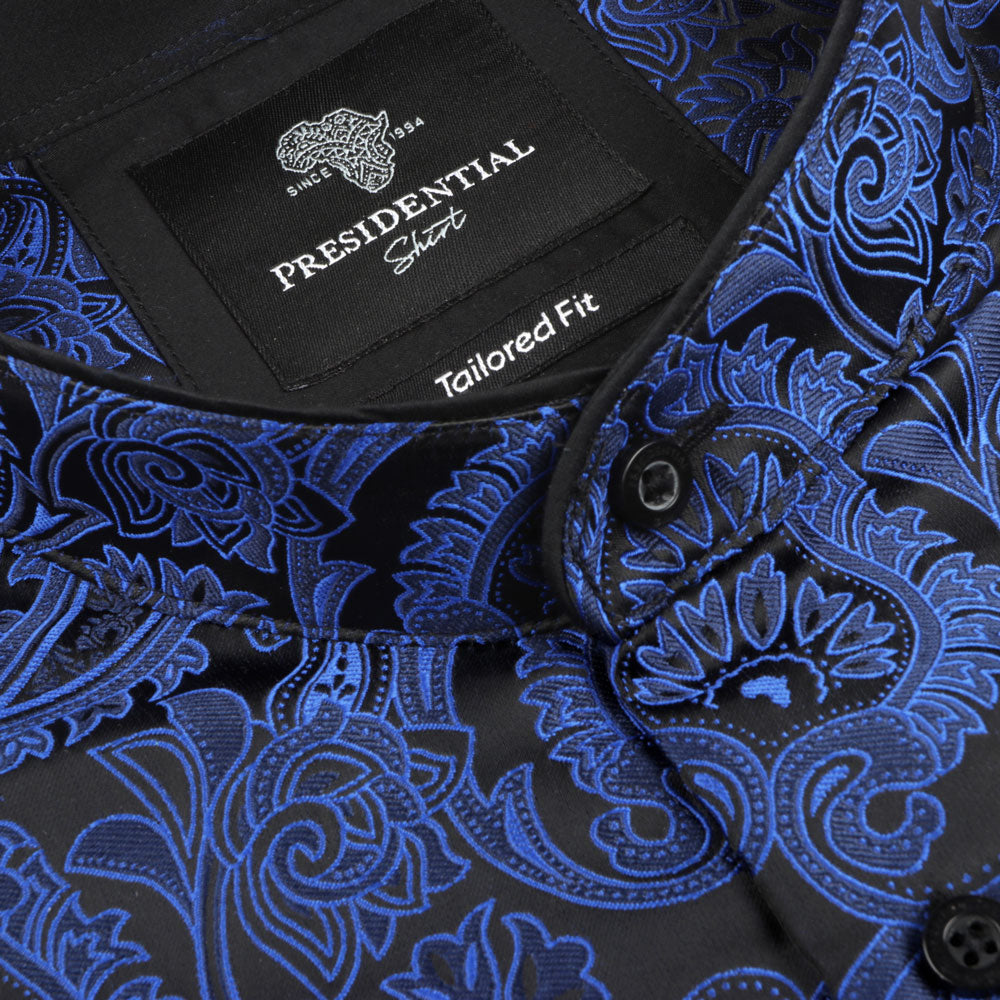 Paisley Leave - Royal Blue Men's Jacquard Satin Luxury Formal Shirt