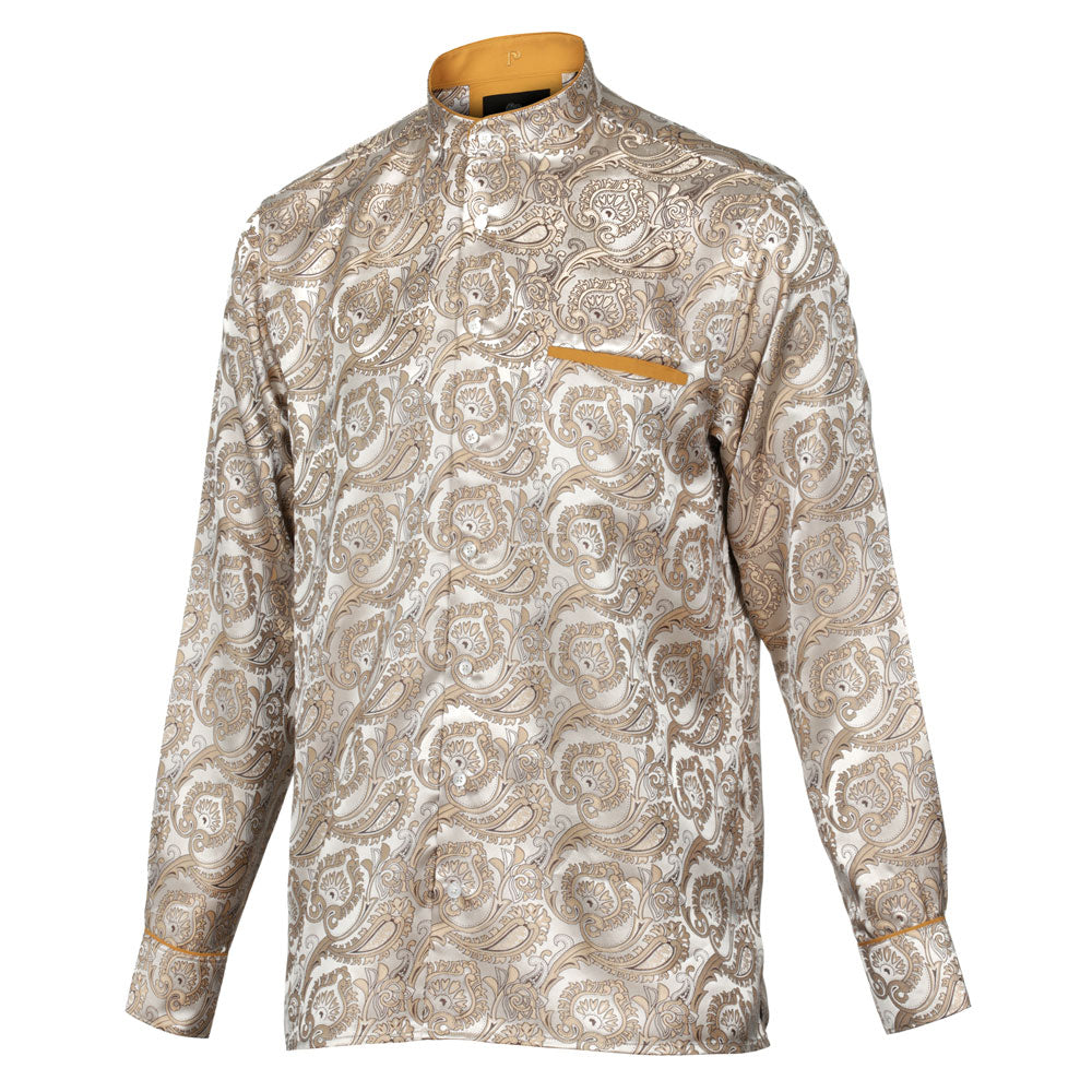 Paisley Leave - Light Brown Men's Jacquard Satin Luxury Formal Shirt
