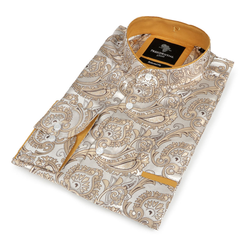 Paisley Leave - Light Brown Men's Jacquard Satin Luxury Formal Shirt