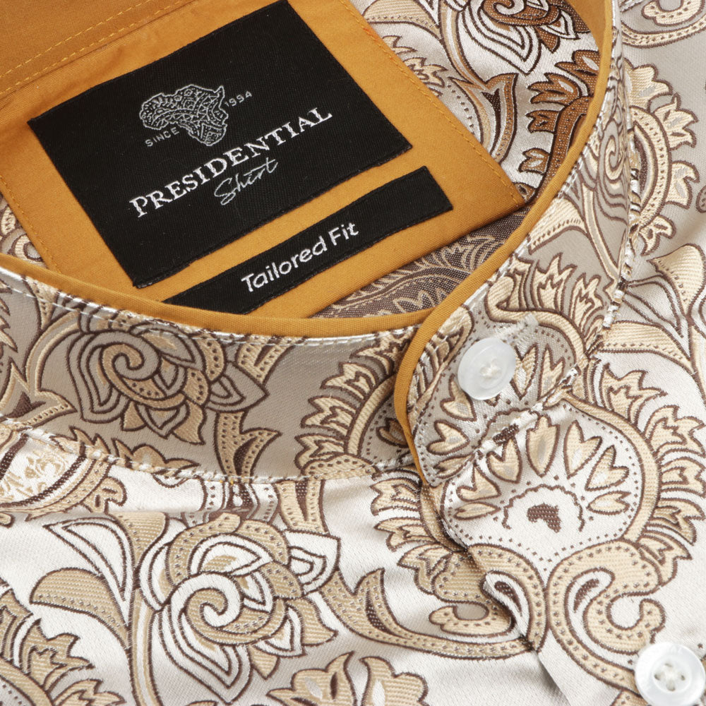 Paisley Leave - Light Brown Men's Jacquard Satin Luxury Formal Shirt