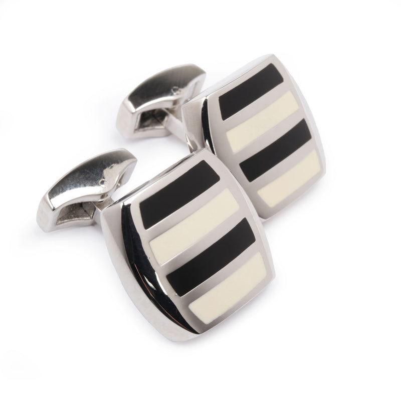 Men's Cufflink Rectangular black, white Stripe - Silver