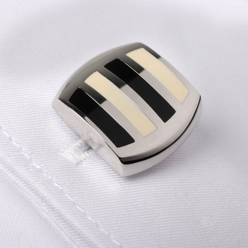 Men's Cufflink Rectangular black, white Stripe - Silver