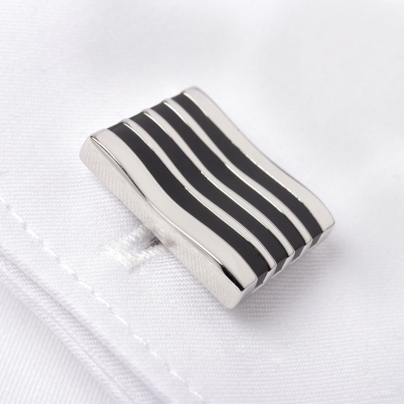 Men's Cufflink Rectangular Stripes Black - Silver