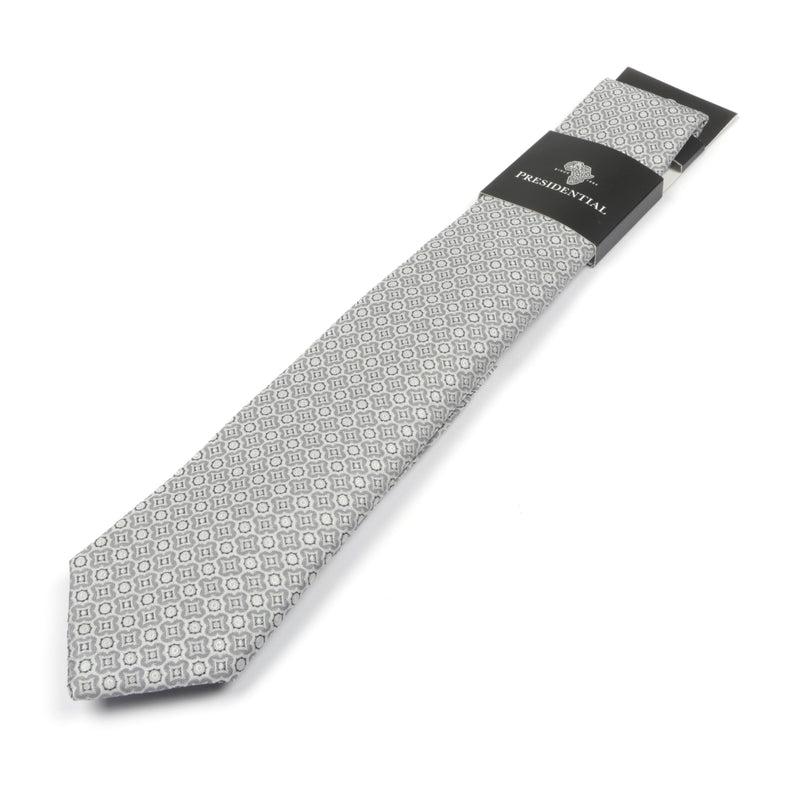 Geometric Check Woven Silk Tie - Silver