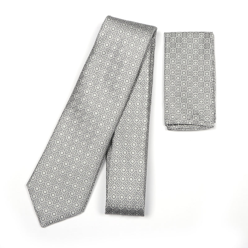 Geometric Check Woven Silk Tie - Silver
