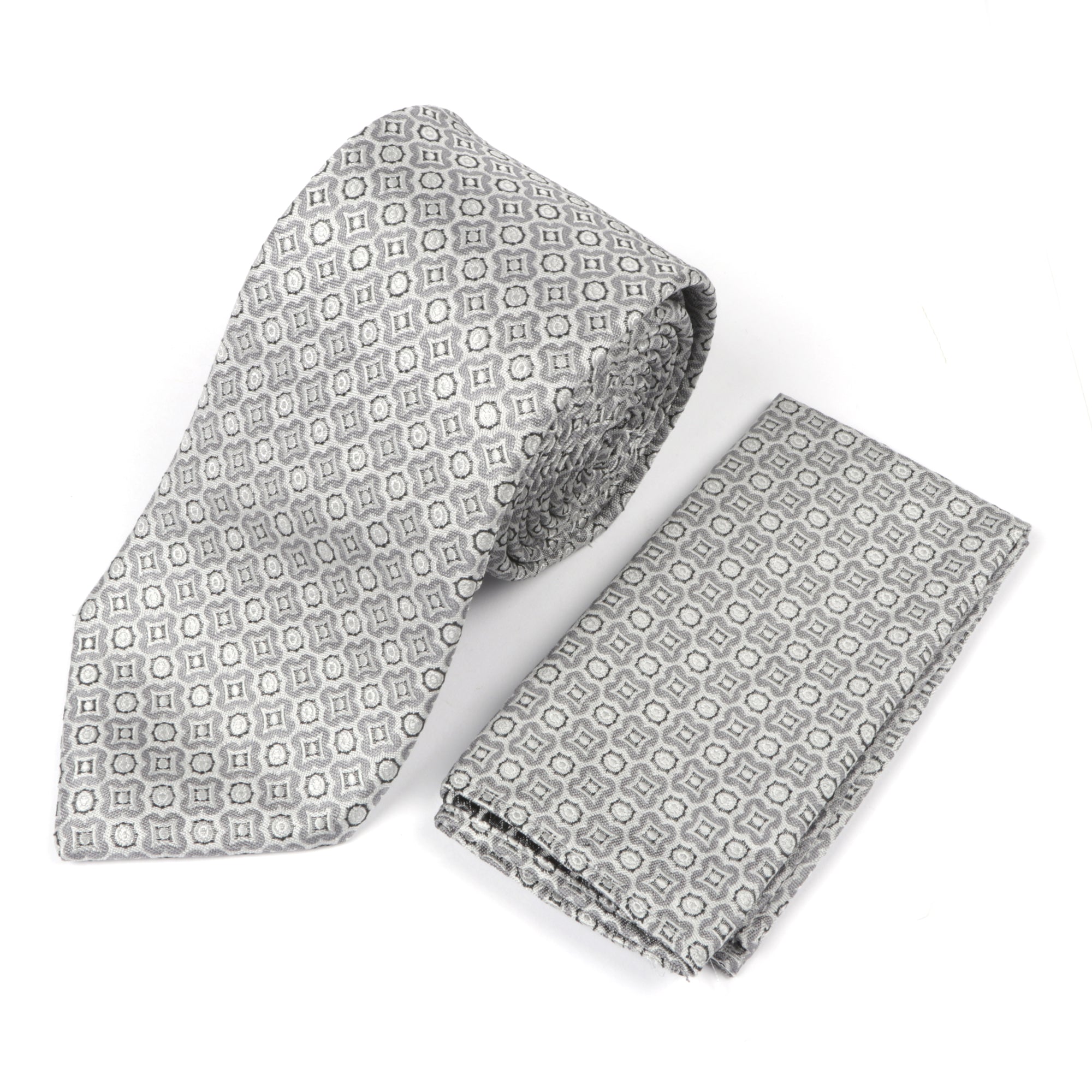Geometric Check Woven Silk Tie - Silver