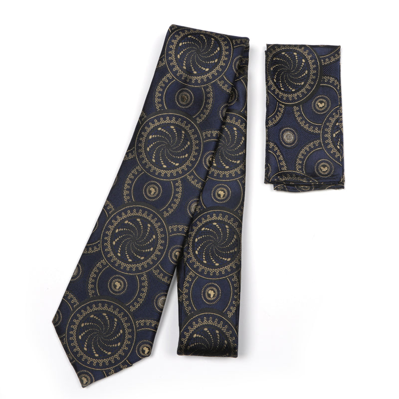 Large African Circle Woven Silk Tie - Navy