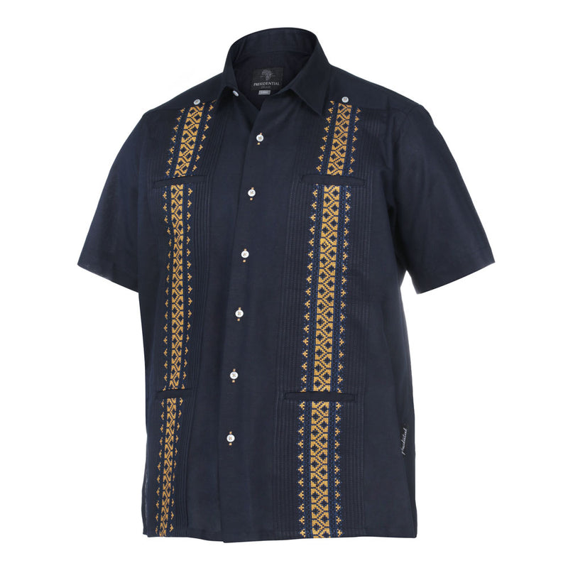 Navy Soul – Navy Olive Short Sleeve Linen Cotton Embroidered Men's Shirt