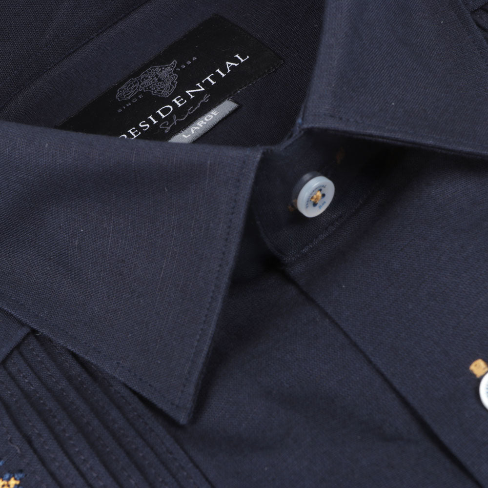 Navy Soul – Navy Olive Short Sleeve Linen Cotton Embroidered Men's Shirt