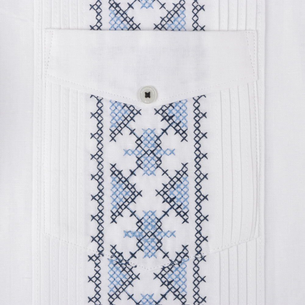 Flavor of Ubuntu - White Short Sleeve Linen Cotton Embroidered Men's Shirt