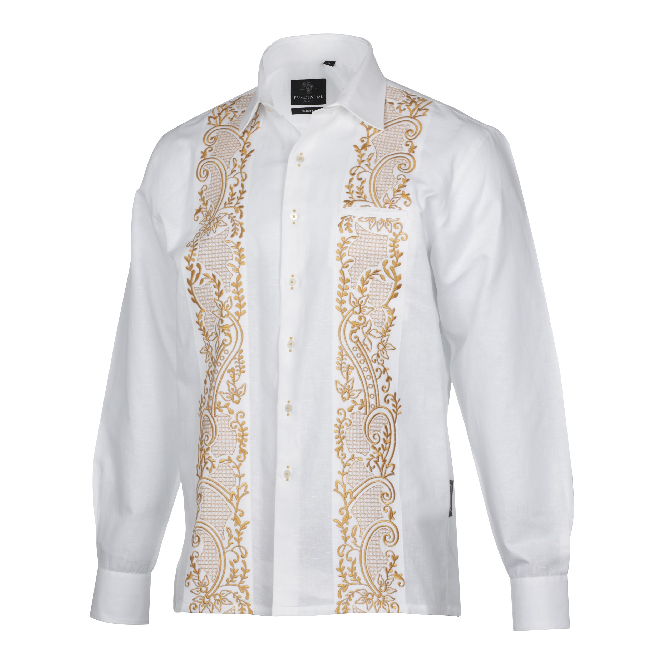 Flora Ivy - White Long Sleeve Linen Cotton Embroidered Men's Shirt