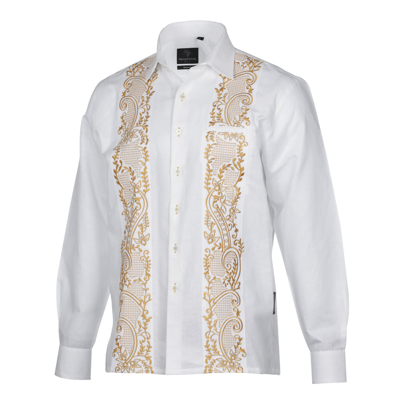 Flora Ivy - White Long Sleeve Linen Cotton Embroidered Men's Shirt