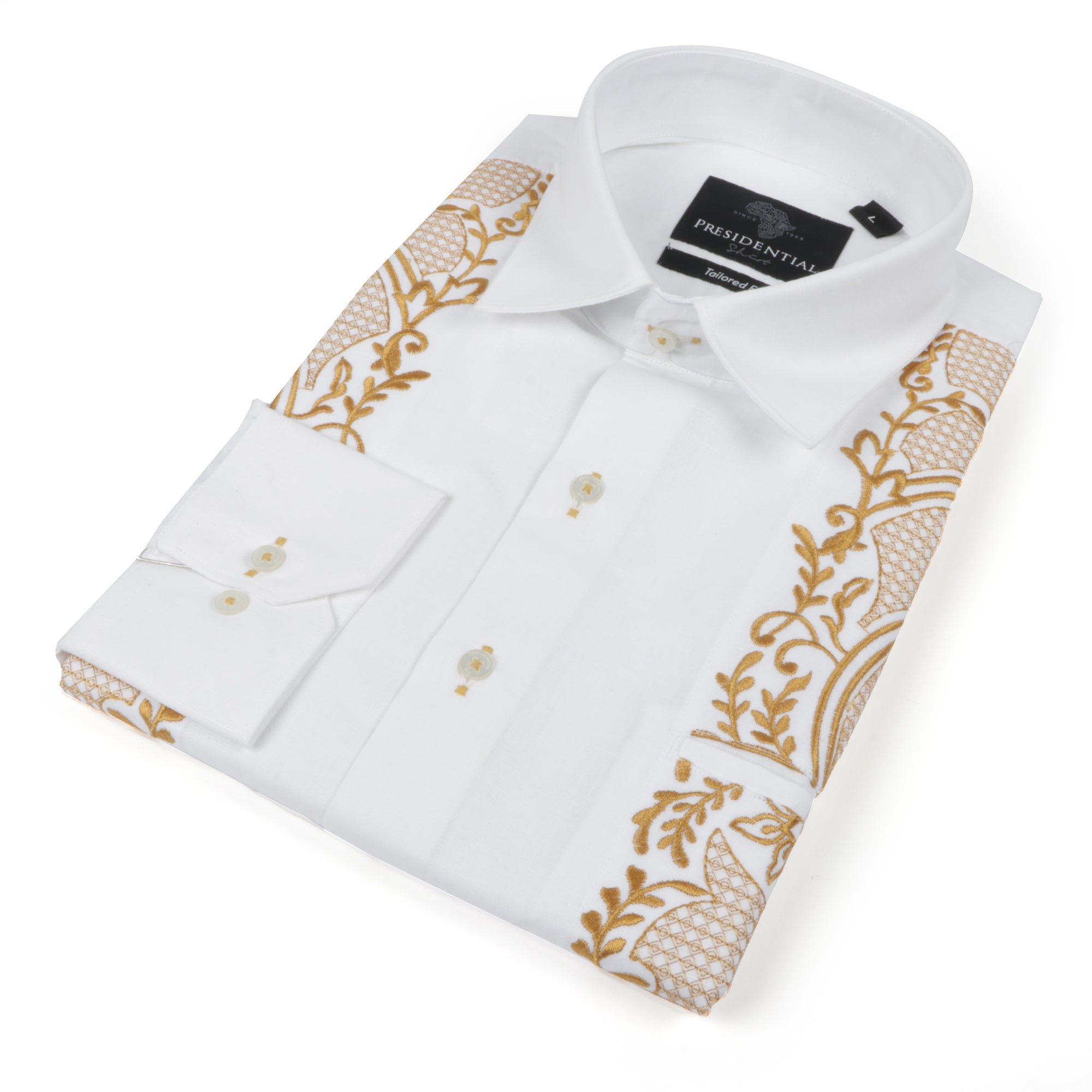 Flora Ivy - White Long Sleeve Linen Cotton Embroidered Men's Shirt