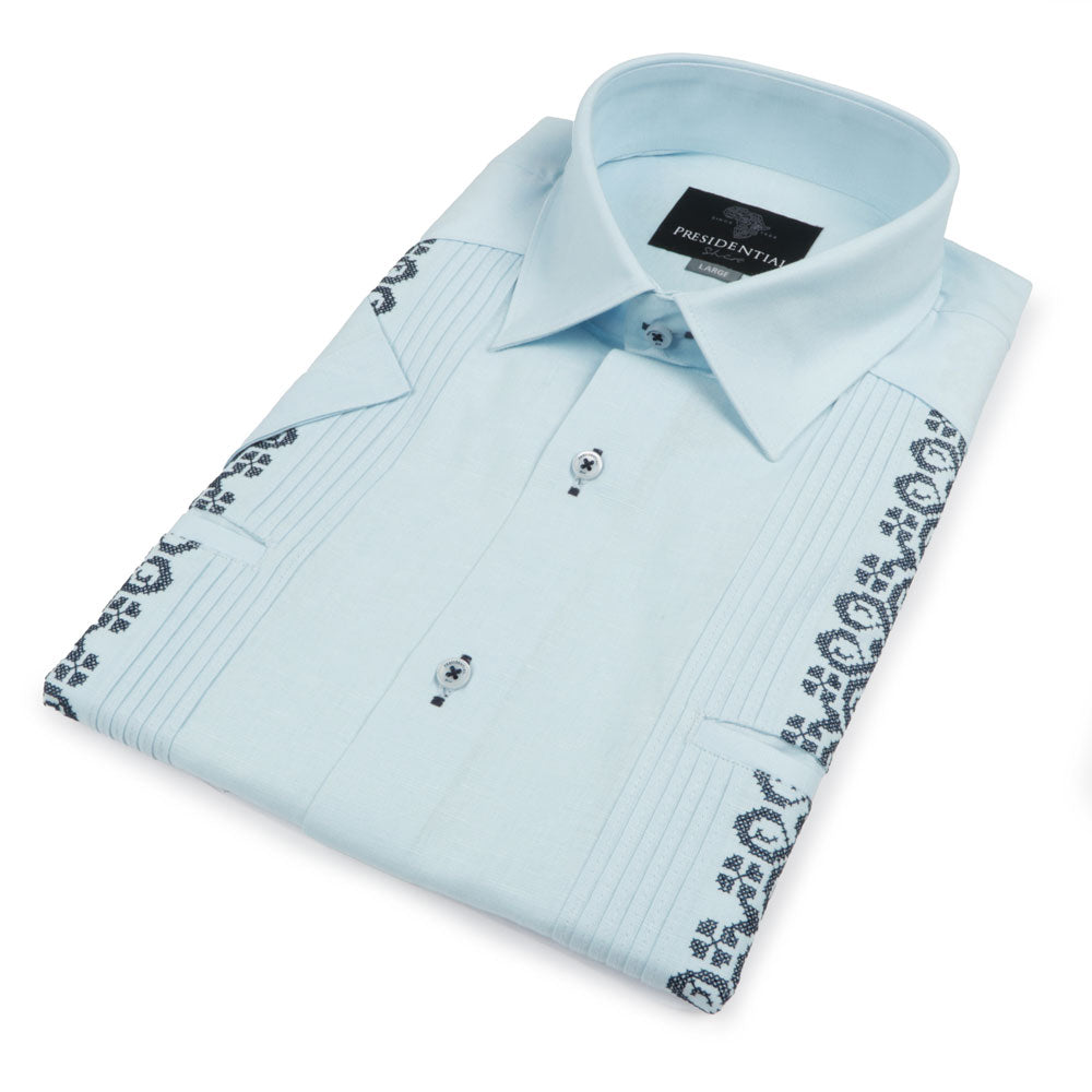 The Rhythm of M - light blue Short Sleeve Linen Cotton Embroidered Men's Shirt