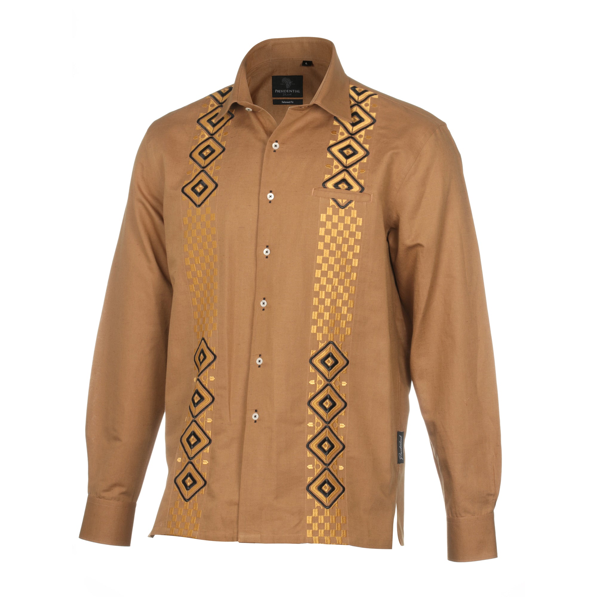 Double Diamond - Sand Long Sleeve Linen Cotton Embroidered Men's Shirt