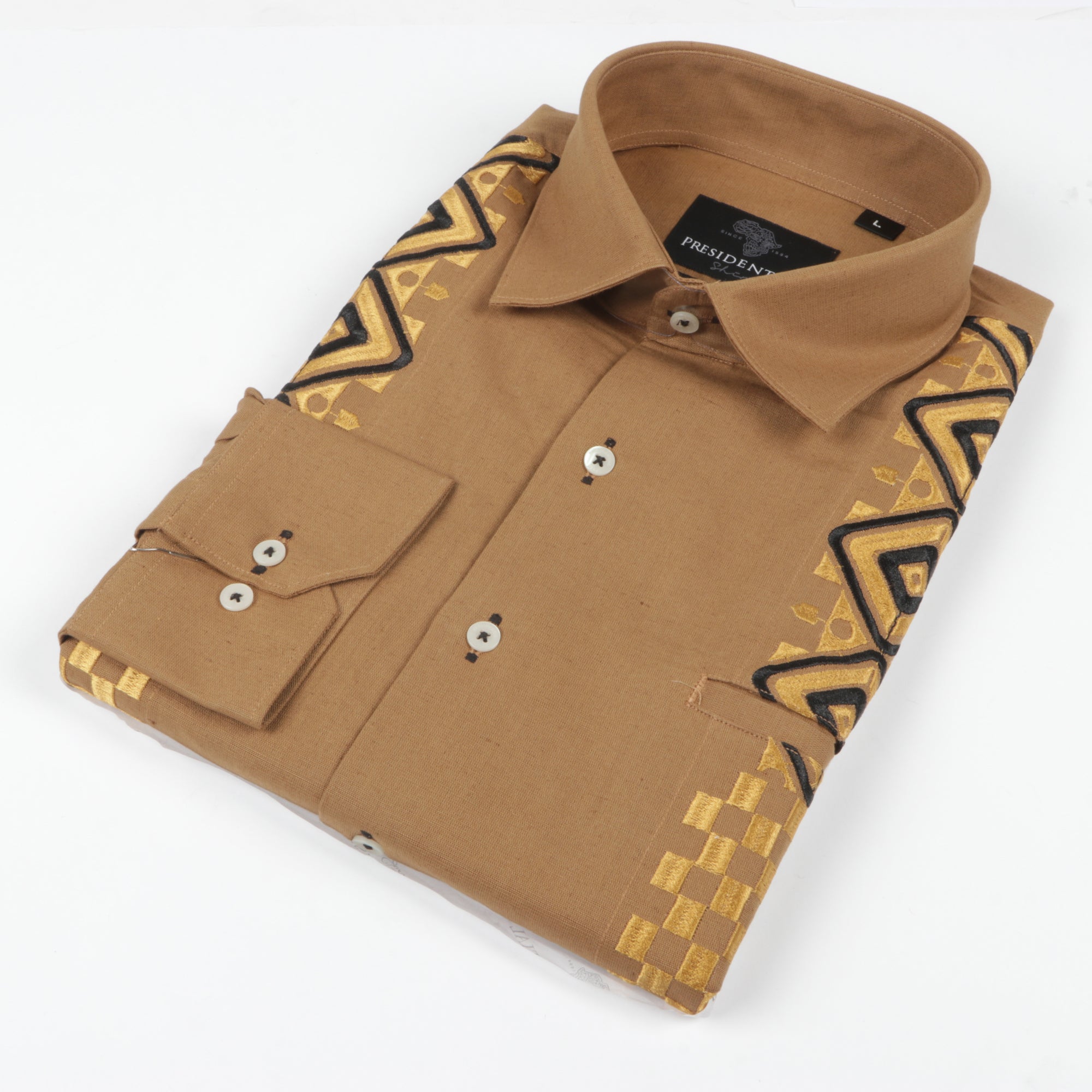 Double Diamond - Sand Long Sleeve Linen Cotton Embroidered Men's Shirt