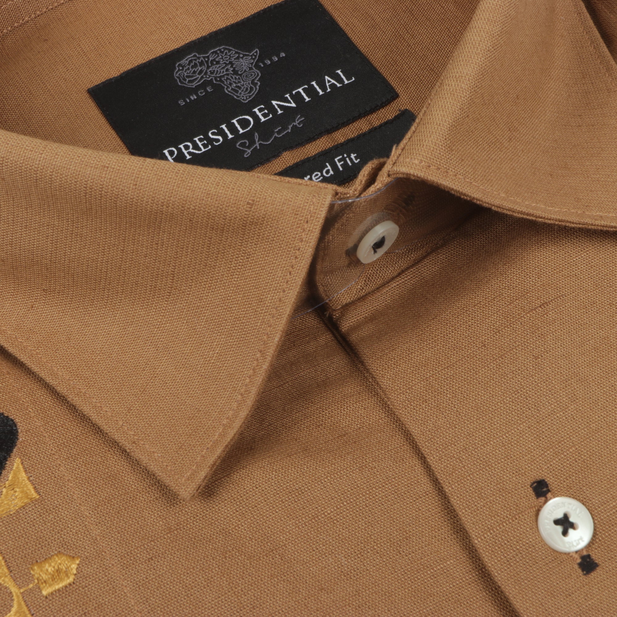 Double Diamond - Sand Long Sleeve Linen Cotton Embroidered Men's Shirt