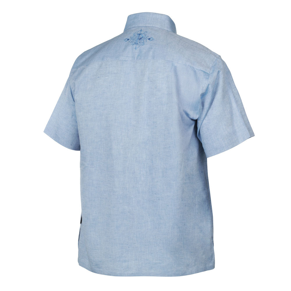 Royal Roots - med blue Short Sleeve Linen Cotton Embroidered Men's Shirt