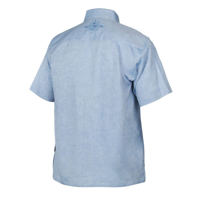 Royal Roots - med blue Short Sleeve Linen Cotton Embroidered Men's Shirt