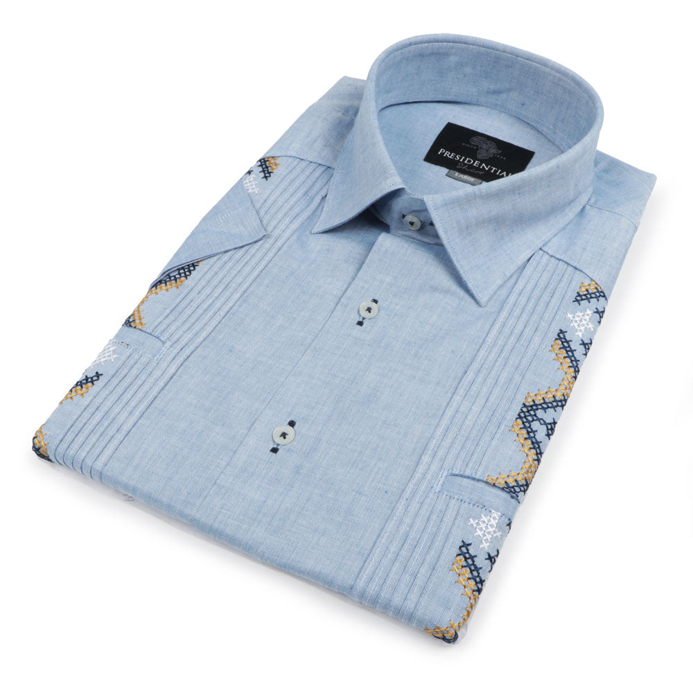 Royal Roots - med blue Short Sleeve Linen Cotton Embroidered Men's Shirt