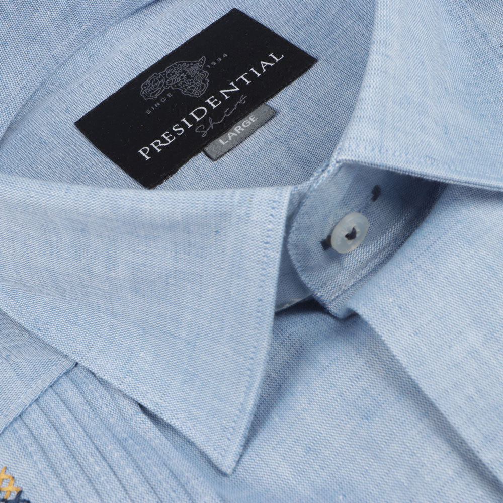 Royal Roots - med blue Short Sleeve Linen Cotton Embroidered Men's Shirt