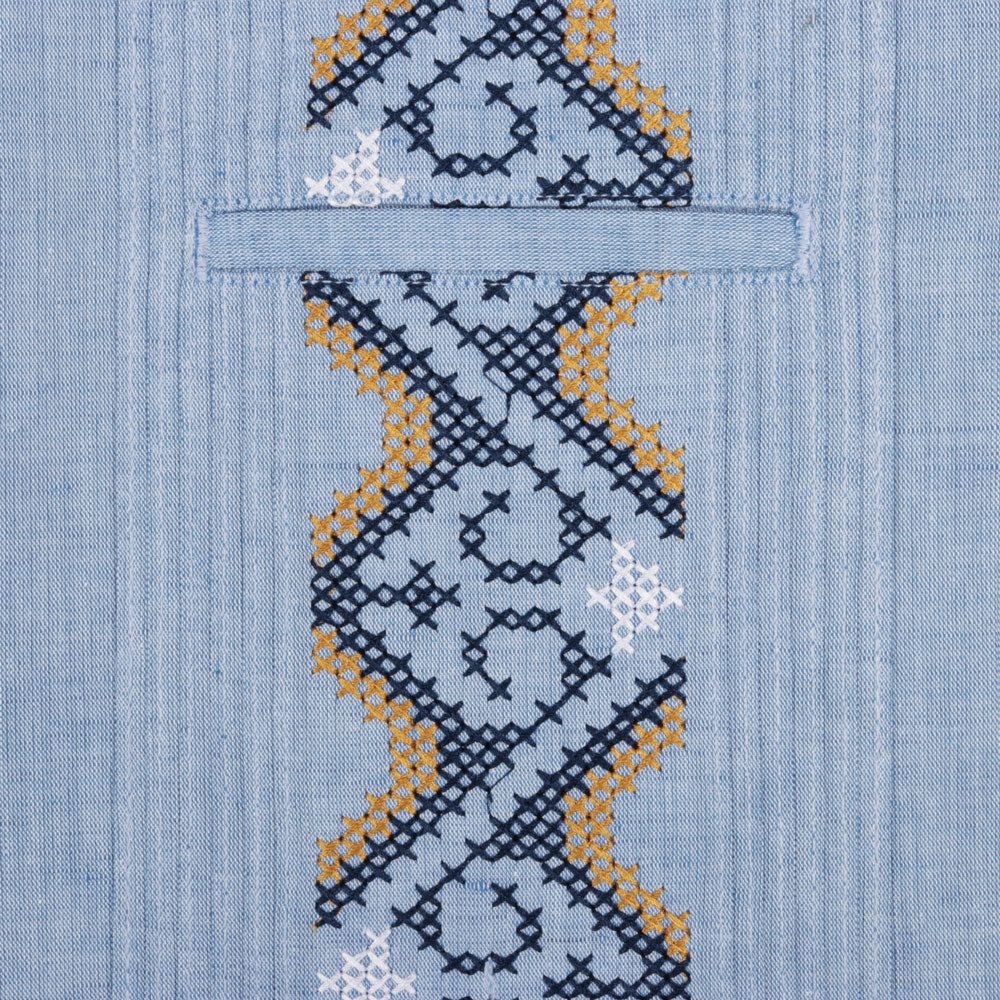 Royal Roots - med blue Short Sleeve Linen Cotton Embroidered Men's Shirt