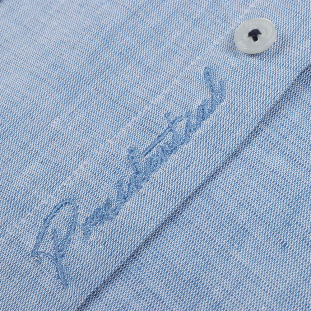 Royal Roots - med blue Short Sleeve Linen Cotton Embroidered Men's Shirt