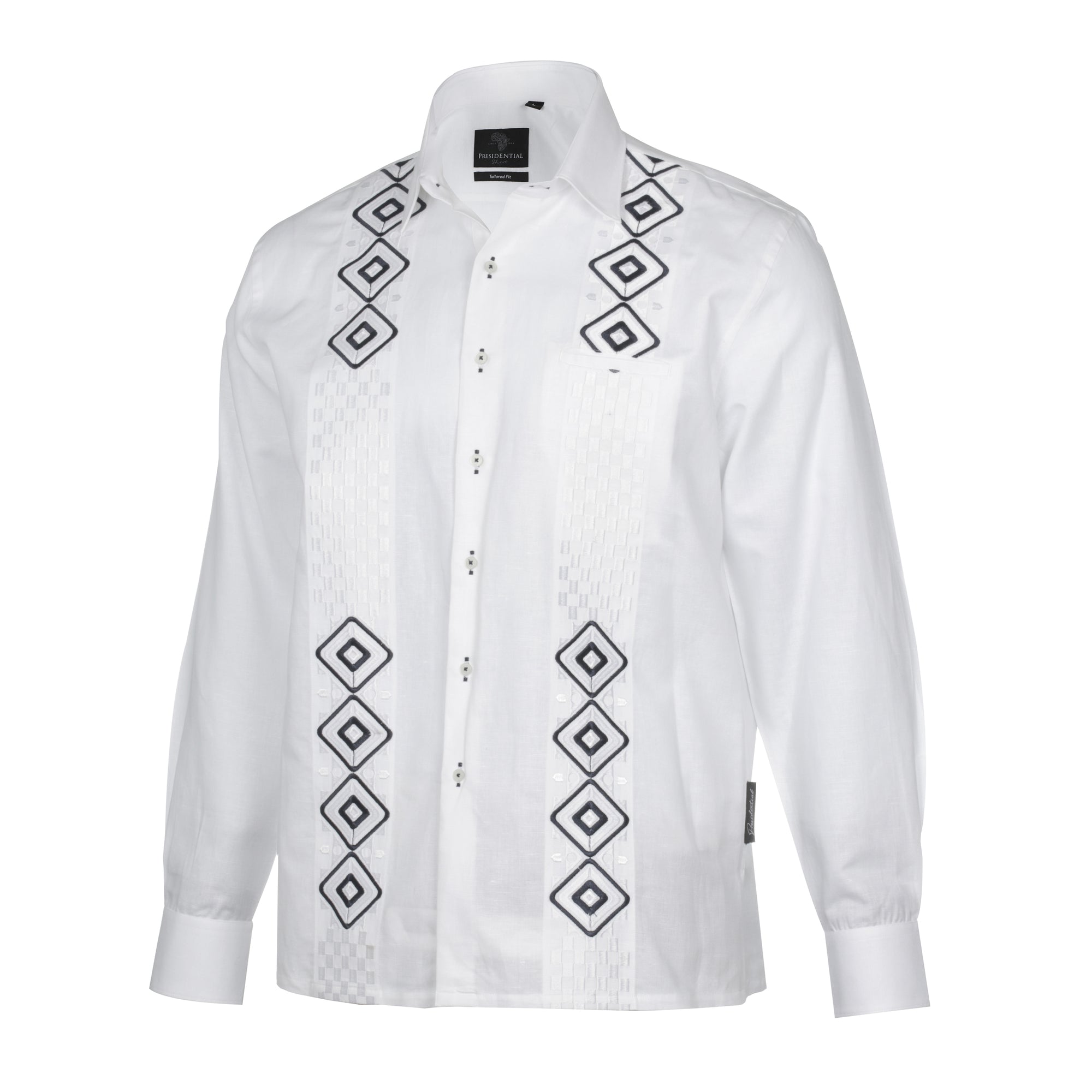 Double Diamond - White Long Sleeve Linen Cotton Embroidered Men's Shirt