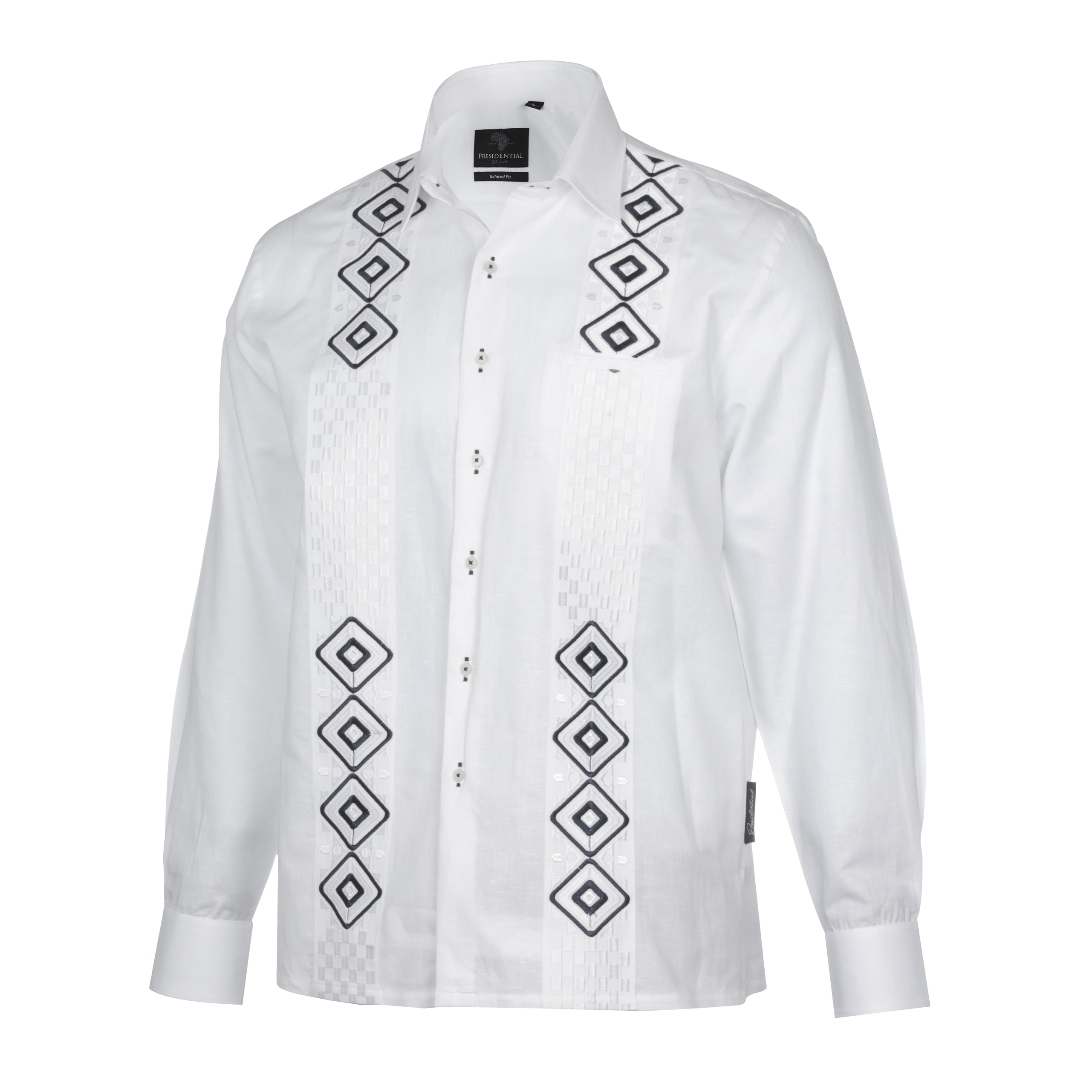 Double Diamond - White Long Sleeve Linen Cotton Embroidered Men's Shirt