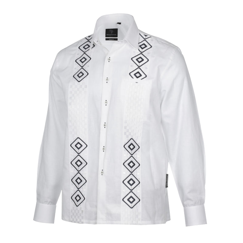 Double Diamond - White Long Sleeve Linen Cotton Embroidered Men's Shirt