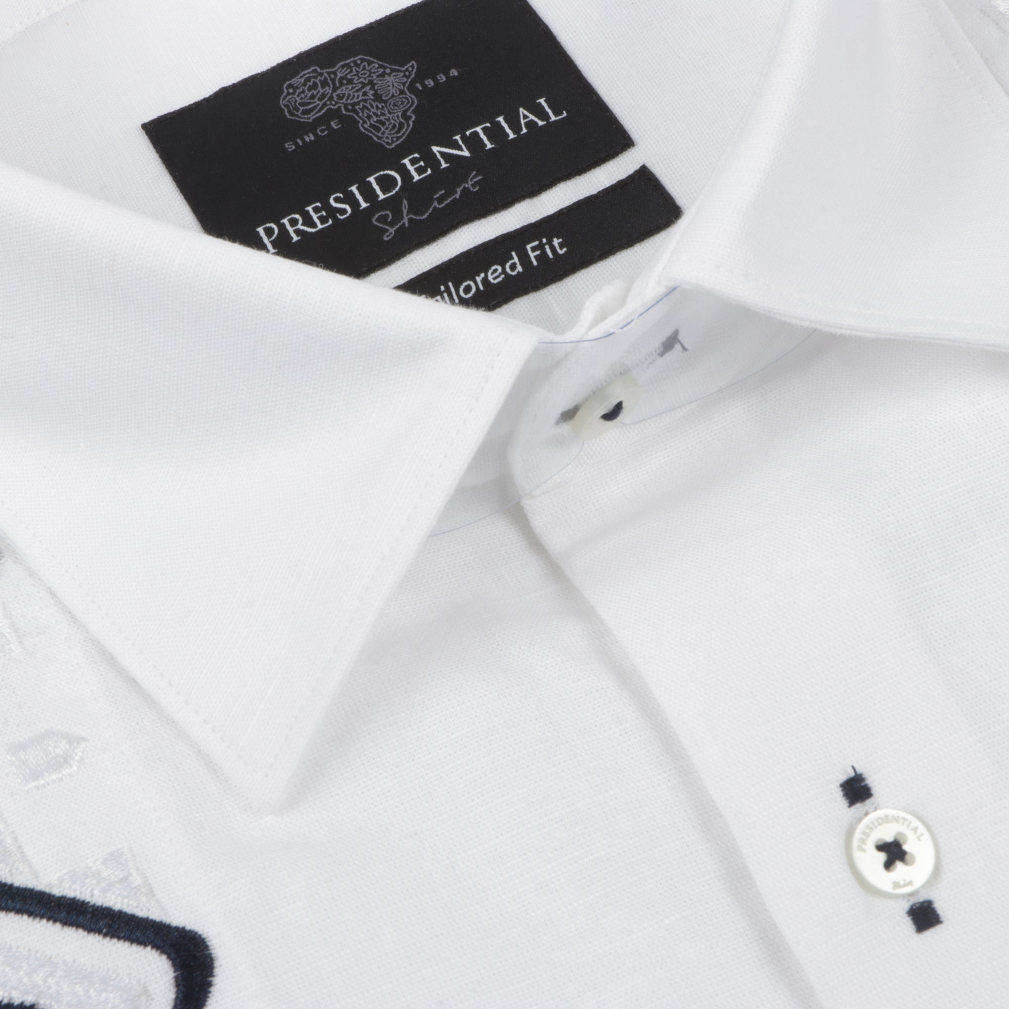 Double Diamond - White Long Sleeve Linen Cotton Embroidered Men's Shirt