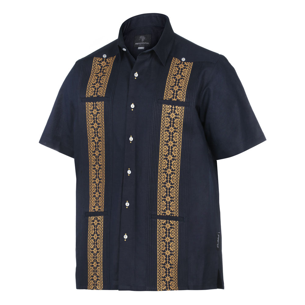 Crossed Paths – Navy Olive Short Sleeve Linen Cotton Embroidered Men's Shirt