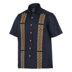 Crossed Paths – Navy Olive Short Sleeve Linen Cotton Embroidered Men's Shirt