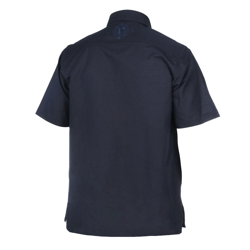 Crossed Paths – Navy Olive Short Sleeve Linen Cotton Embroidered Men's Shirt