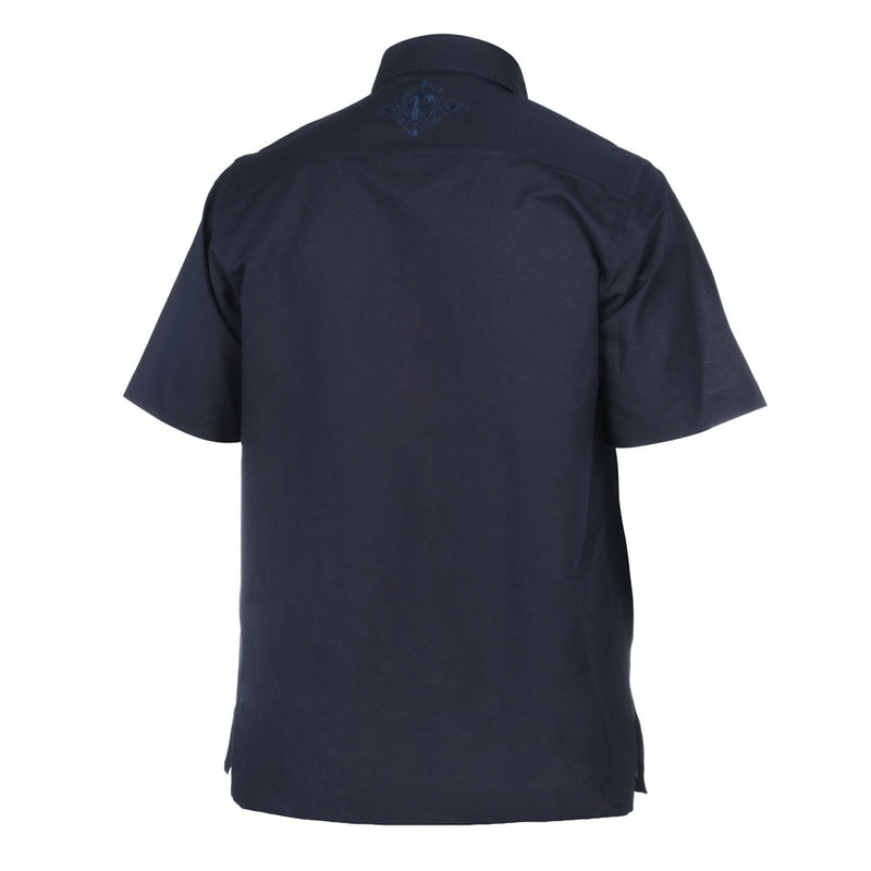Crossed Paths – Navy Olive Short Sleeve Linen Cotton Embroidered Men's Shirt