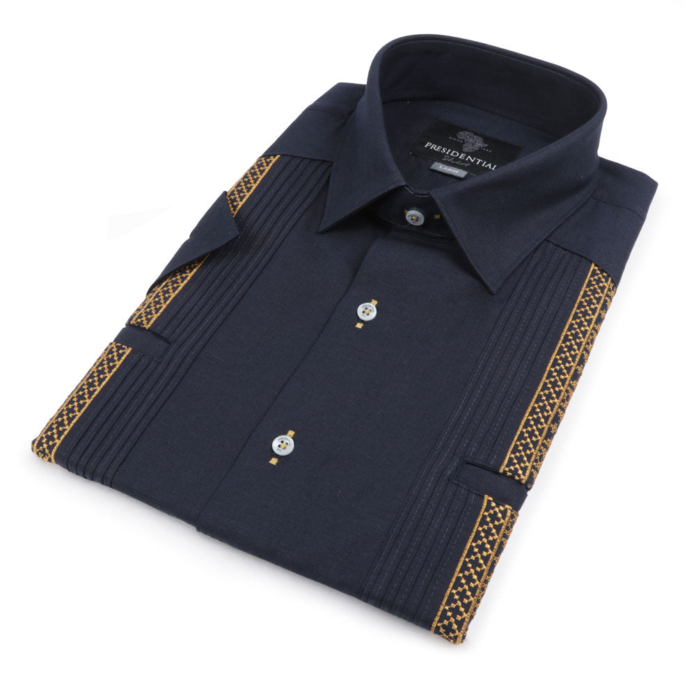 Crossed Paths – Navy Olive Short Sleeve Linen Cotton Embroidered Men's Shirt