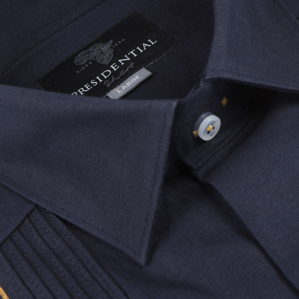 Crossed Paths – Navy Olive Short Sleeve Linen Cotton Embroidered Men's Shirt