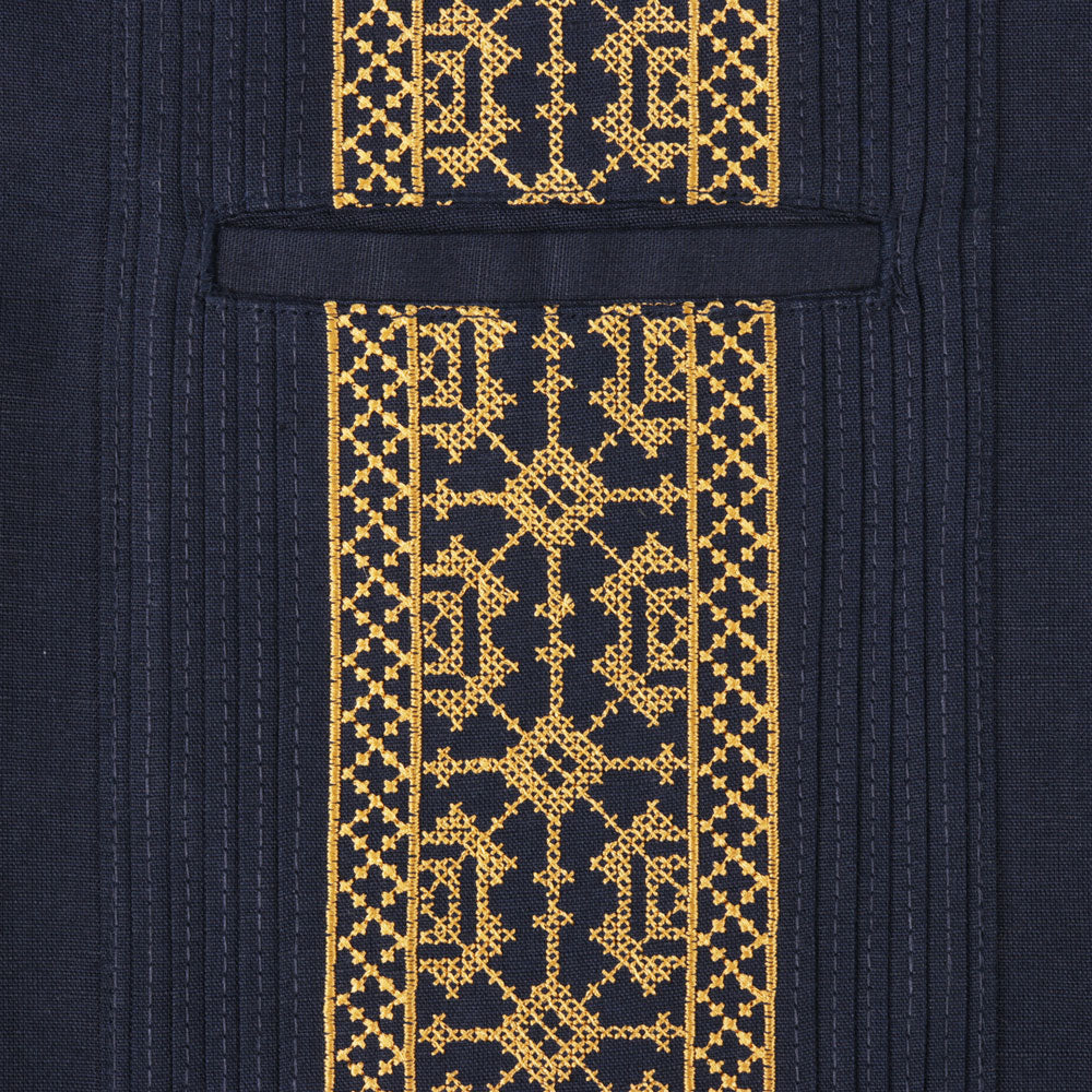 Crossed Paths – Navy Olive Short Sleeve Linen Cotton Embroidered Men's Shirt