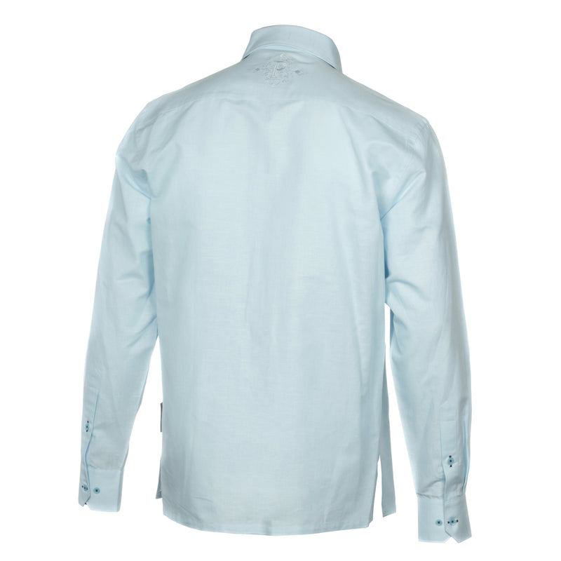 Ivy Check - Light Blue Long Sleeve Linen Cotton Embroidered Men's Shirt