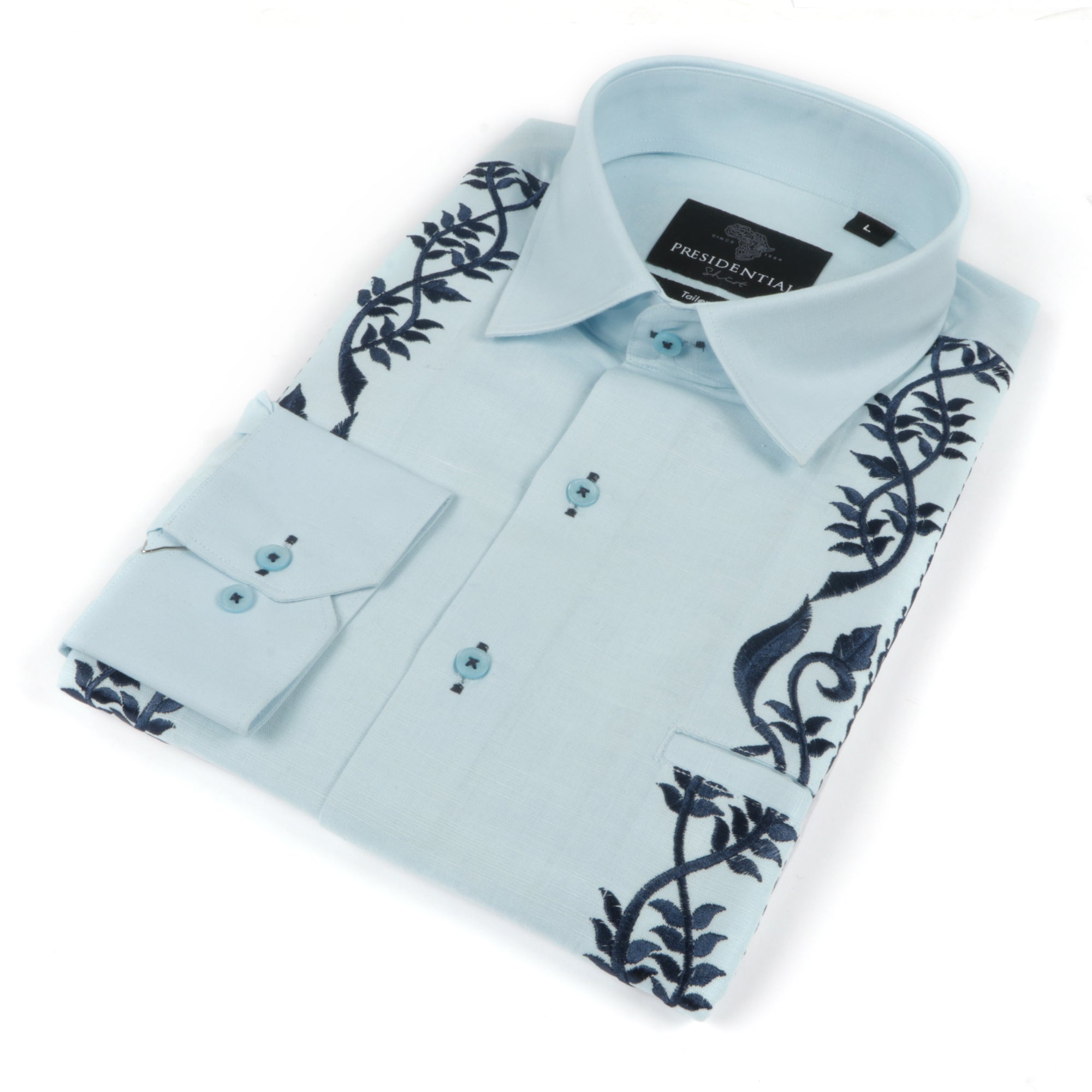 Ivy Check - Light Blue Long Sleeve Linen Cotton Embroidered Men's Shirt