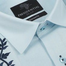 Ivy Check - Light Blue Long Sleeve Linen Cotton Embroidered Men's Shirt