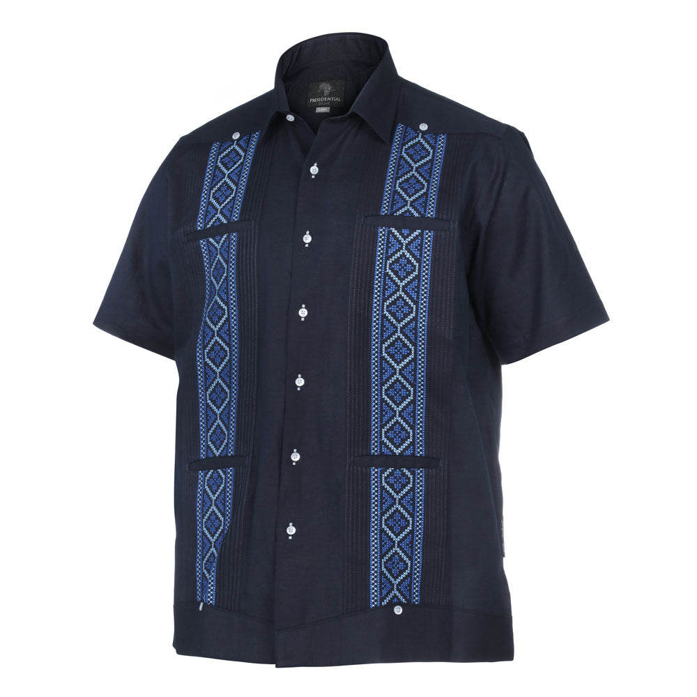 Cudiba Style – Navy Black Short Sleeve Linen Cotton Embroidered Men's Shirt