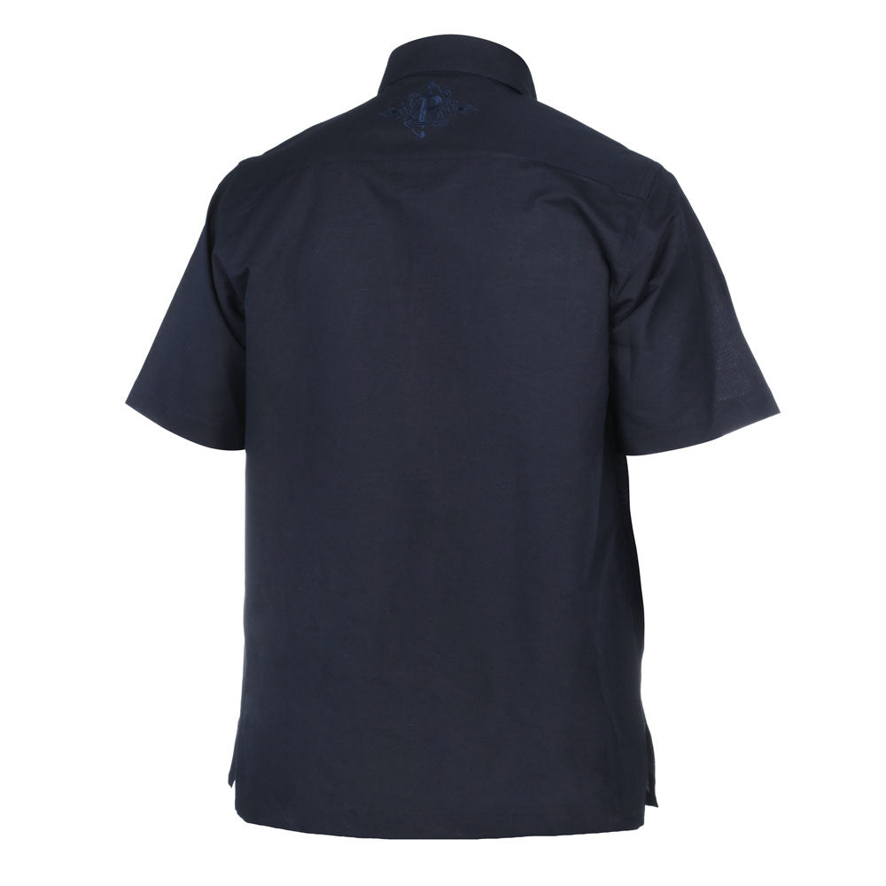 Cudiba Style – Navy Black Short Sleeve Linen Cotton Embroidered Men's Shirt
