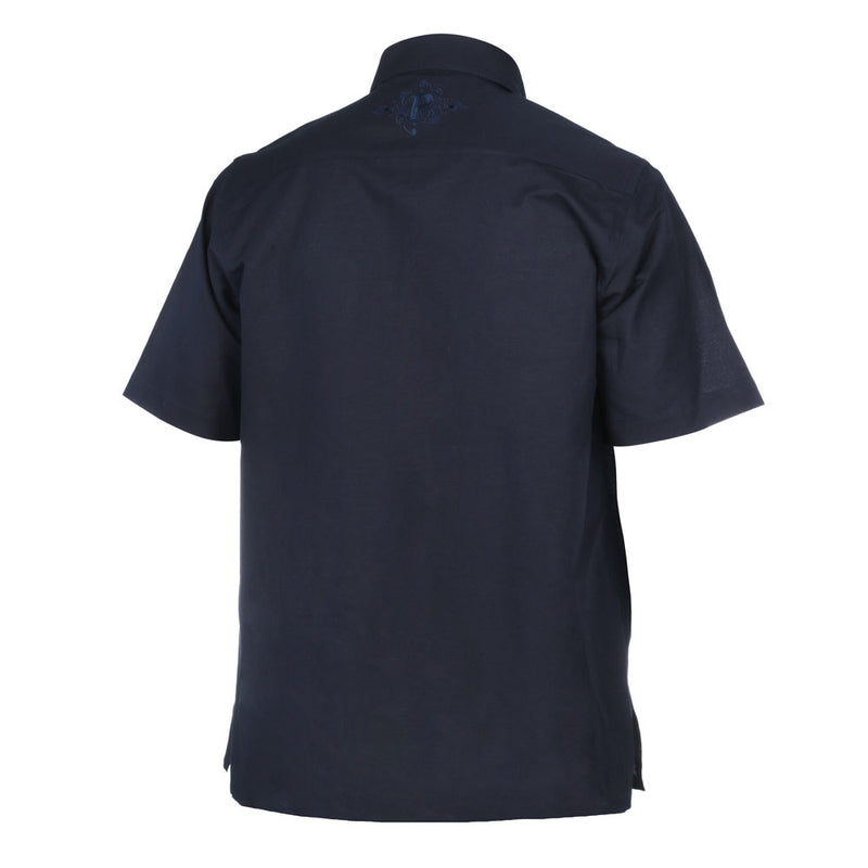 Cudiba Style – Navy Black Short Sleeve Linen Cotton Embroidered Men's Shirt