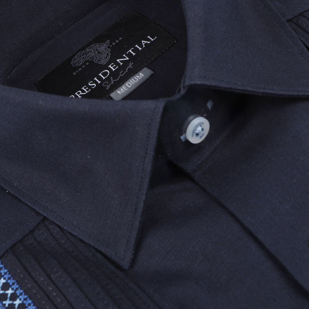 Cudiba Style – Navy Black Short Sleeve Linen Cotton Embroidered Men's Shirt