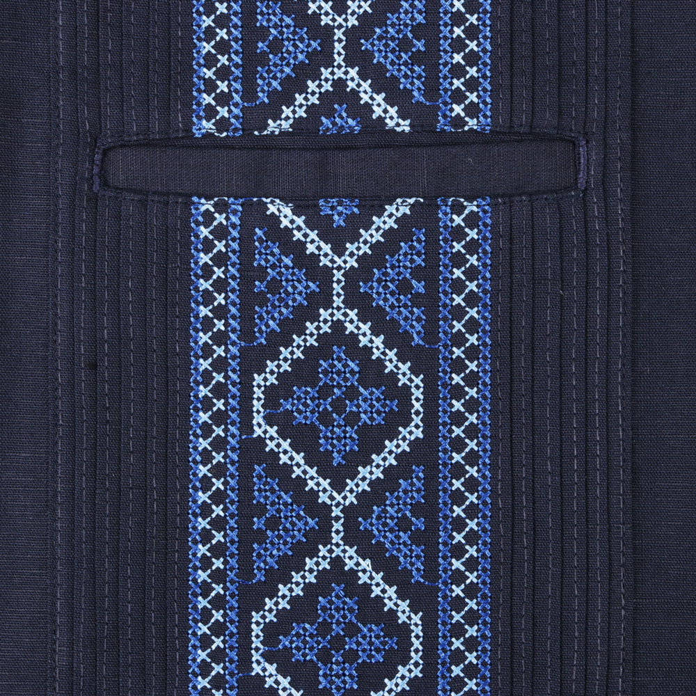 Cudiba Style – Navy Black Short Sleeve Linen Cotton Embroidered Men's Shirt