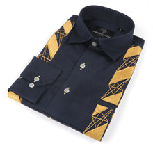 Diagonal Stripe - Navy Long Sleeve Linen Cotton Embroidered Men's Shirt
