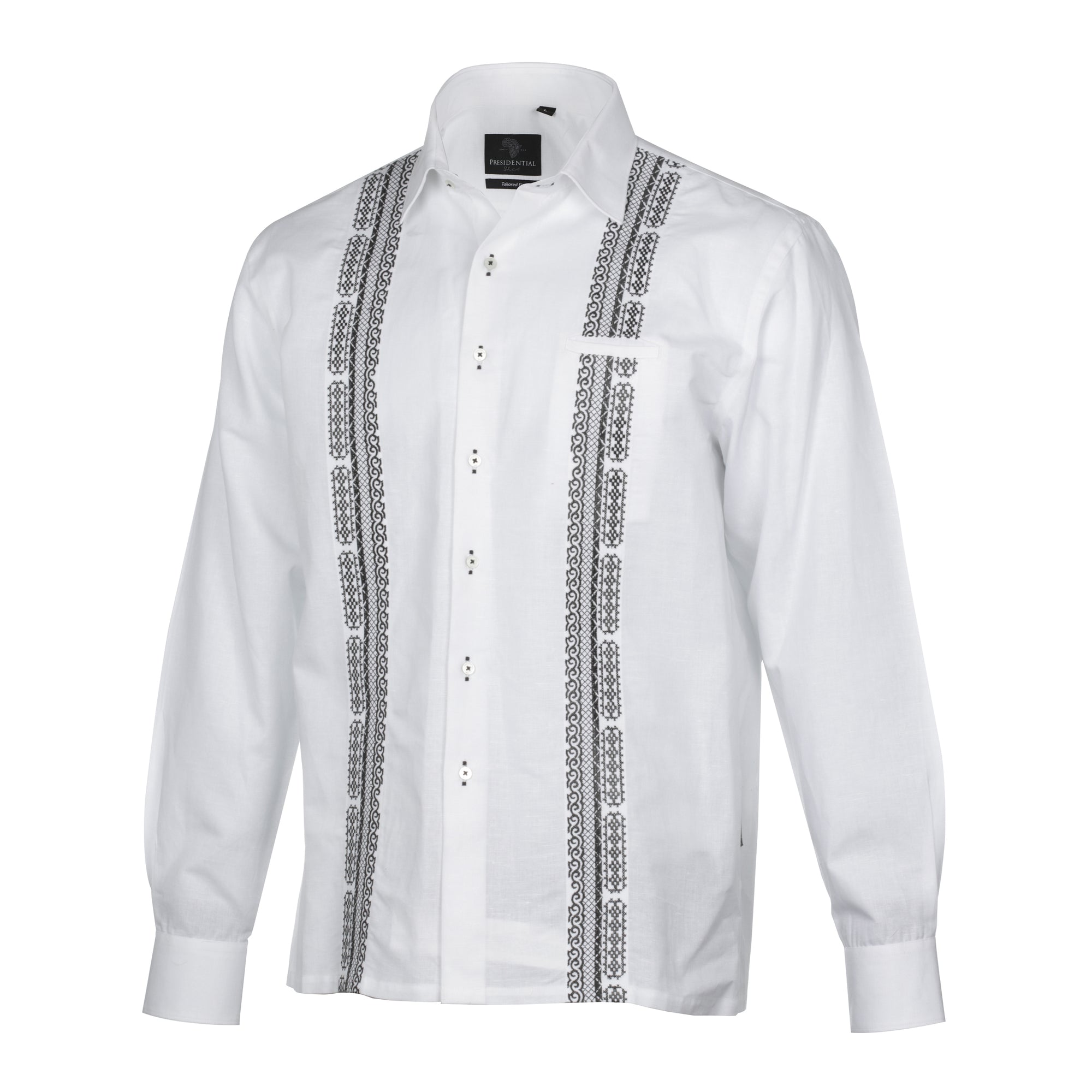 Diagonal Stripe - White Long Sleeve Linen Cotton Embroidered Men's Shirt