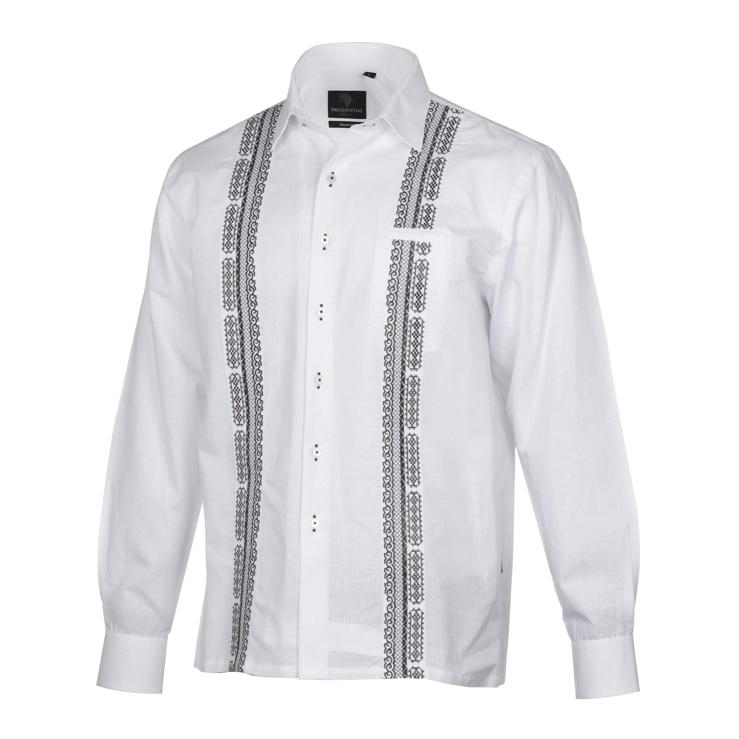 Diagonal Stripe - White Long Sleeve Linen Cotton Embroidered Men's Shirt