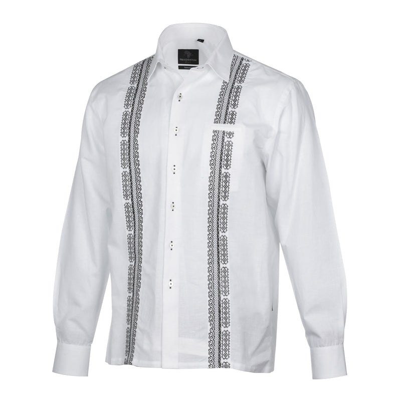 Diagonal Stripe - White Long Sleeve Linen Cotton Embroidered Men's Shirt